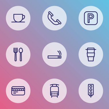 Bilgi simgeleri stil trafik ışığı, çağrı, Park işareti ve diğer tramvay öğeleri kümesi satır. İzole vektör çizim bilgi simgeleri.