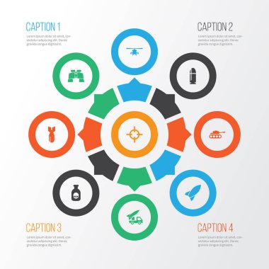 Savaş Icons set ile dürbün, keskin nişancı, topçu ve diğer füze öğeleri ile. İzole vektör çizim mücadele simgeler.