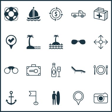 Seyahat simgeler güneş gözlüğü ile şampanya, pikap ve diğer yön okları öğeleri ayarlayın. İzole vektör illüstrasyon seyahat simgeler.