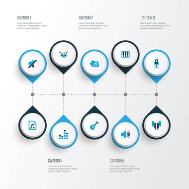 Dosya, enstrüman, kulaklık ve diğer çalma listesi öğeleriyle renklendiren multimedya simgeleri. Yalıtılmış vektör illüstrasyon multimedya simgeleri.