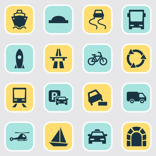 Conjunto de iconos de transporte con autobús, taxi, furgoneta y otros elementos de bicicleta. Iconos de transporte de ilustración vectorial aislado . — Vector de stock