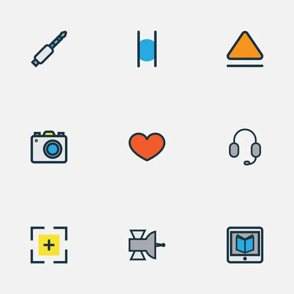 Multimedia-Symbole farbige Linie Set mit Favoriten, Kopfhörer, Lernen und andere Kommunikations-Antennenelemente. isolierte Vektorillustration Multimedia-Icons. — Stockvektor