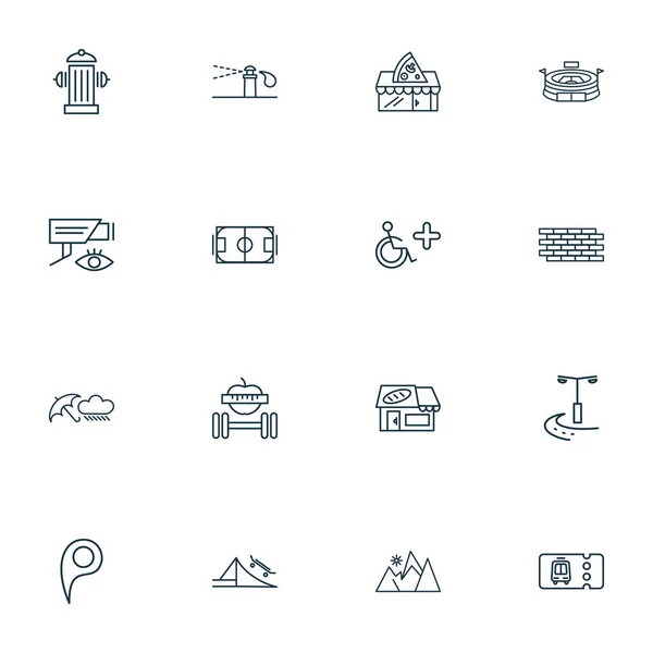 Publiek. Skyline pictogrammen lijnstijl ingesteld met pizzeria, handicap teken, bakstenen muur en andere skateboard elementen. Geïsoleerde vectorillustratie openbare. Skyline van pictogrammen. — Stockvector