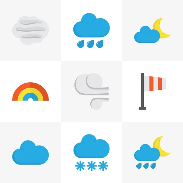 Iconos meteorológicos de estilo plano con viento, arco iris, bandera y otros elementos de tormenta. Iconos de tiempo de ilustración vectorial aislado . — Vector de stock