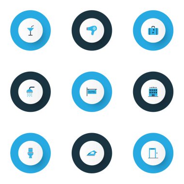 Otel simgeler kümesi otel, otel işareti, Asansör ve diğer Asansör öğeleri ile renkli. İzole illüstrasyon otel simgeler.