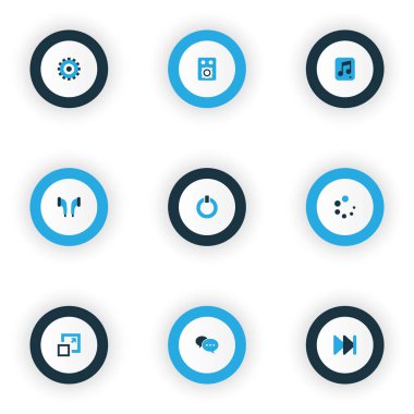 Küme yükleme ile renkli müzik simgeleri büyütmek, ayarı ve diğer öğeleri en üst düzeye çıkarmak. İzole illüstrasyon müzik simgeleri.