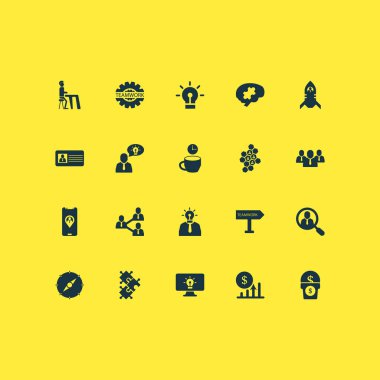 İş simgeler yaratıcı kişi, kahve molası, kimlik kartı ve diğer finans öğeleri ile ayarlayın. İzole illüstrasyon iş simgeleri.