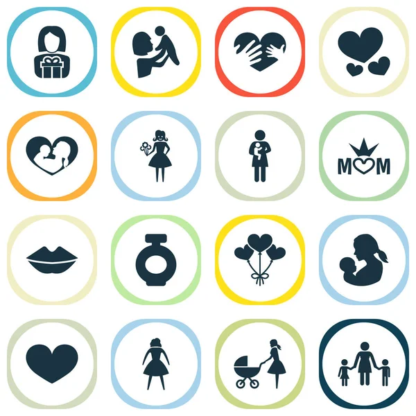 Mothers day icon design concept. Set of 16 such elements as loving, soul and balloon. Beautiful symbols for mother, heart and baby.