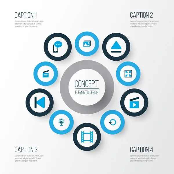 Icônes de médias colorés ensemble avec image, clapperboard, vers l'arrière et d'autres éléments de répétition. Isolé icônes de médias d'illustration . — Photo