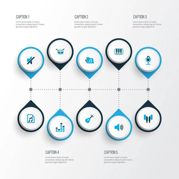 Ses simgeler kümesi dosya, enstrüman, kulaklık ve diğer çalma listesi öğelerini renkte. İzole illüstrasyon ses simgeler.