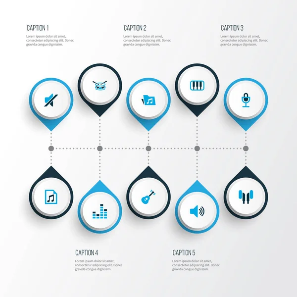 Conjunto de iconos de audio de color con archivo, instrumento, auriculares y otros elementos de la lista de reproducción. Iconos de audio de ilustración aislada . — Foto de Stock