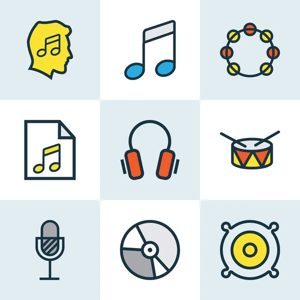 Music icons colored line set with headphone, speaker, drum and other list elements. Isolated  illustration music icons.