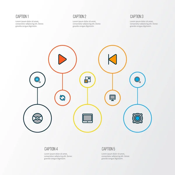 Music icons colored line set with sync, display, speaker and other zoom in elements. Isolated  illustration music icons.