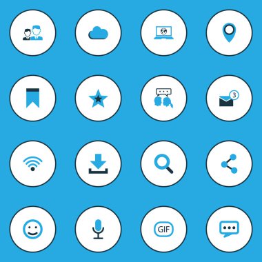 Sosyal simgeler görüntülü sohbet, gelen kutusu, Büyüteç'i ve diğer animasyon öğeleri ile set renkli. İzole vektör çizim sosyal simgeler.