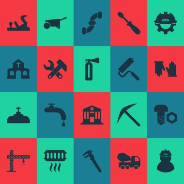 Cıvata somunu, aletleri, Oluşturucusu ve diğer çimento makine elemanları ile ile sanayi Icons set. İzole vektör çizim sanayi simgeleri.