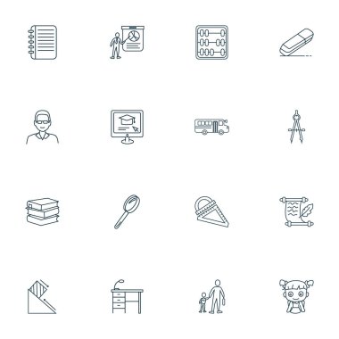 Okul simgeler stil abak, kitaplar, Not defteri ve diğer eğitim öğeleri kümesi satır. İzole vektör çizim okul simgeler.