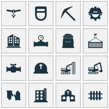 İnşaat simgeler kilise, buldozer, dünya olan torba ve diğer zemin öğeleri ile ayarlayın. İzole vektör illüstrasyon inşaat simgeler.