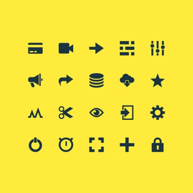 Icons set ile depolama arabirimi, oturum, video ve diğer bulut öğeleri. İzole vektör çizim arayüzü simgeler.