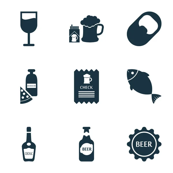 Conjunto de iconos de bebida con coñac, cheque, cerveza con cigarrillos y otros elementos del menú. Iconos de bebidas de ilustración vectorial aislado . — Archivo Imágenes Vectoriales