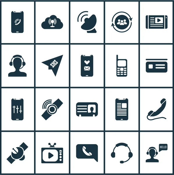 Conjunto de iconos de comunicación con satélite, notificación móvil, tarjeta masculina y otros elementos de auriculares. Iconos de comunicación de ilustración vectorial aislado . — Vector de stock