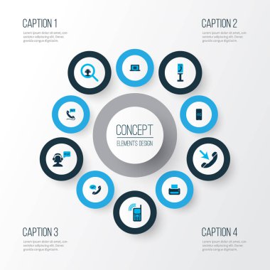 İletişim simgeler ankesörlü telefon, arama dağıtıcısı, söz ve diğer posta ile dizüstü öğeleri üzerinde set renkli. İzole illüstrasyon iletişim simgeleri.