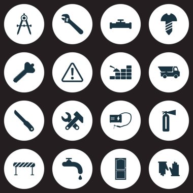 İnşaat simgeler vinç, aletleri, kapı ve diğer tesisatçı öğeleri ile boru hattı ile ayarlayın. İzole illüstrasyon inşaat simgeler.