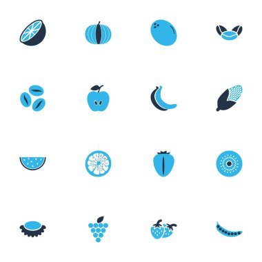 Meyve simgeler kümesi kabak, berry, kahve çekirdeği ve diğer grup elemanları renkte. İllüstrasyon izole meyve simgeler.