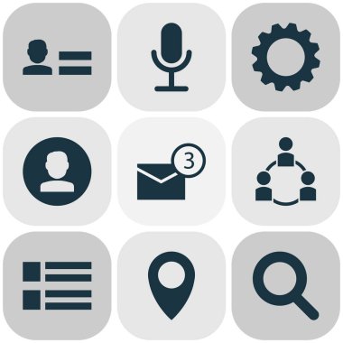 Konumu, kişisel veri, topluluğu ve diğer sosyal duvar elemanları birlikte Medya Icons set. İzole illüstrasyon medya simgeler.