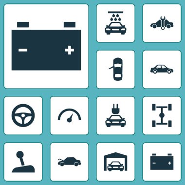 Otomatik simgeler pil, şasi, vites kolu ve tamir diğer öğeleri ile ayarlayın. İzole illüstrasyon otomatik simgeler.