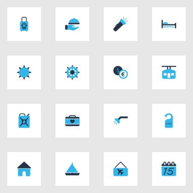 Turizm simgeler yat, Döviz para, elektrikli tren ile bavul ve diğer tarih öğelerini ile set renkli. İzole illüstrasyon Turizm simgeler.