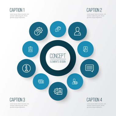 İş simgeleri çizgi stili kimlik kartı, iş arayan, özgeçmiş ve diğer kimlik doğrulaması ile öğeleri ayarlayın. İzole illüstrasyon iş simgeleri.