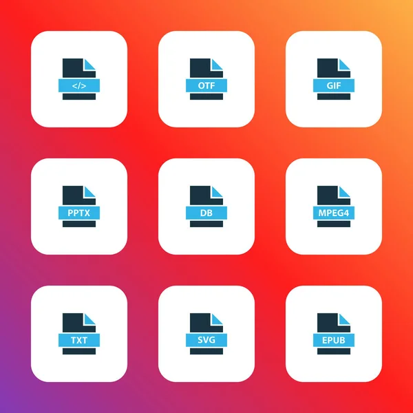 Typer ikoner färgade set med fil epub, mpeg4 fil, fil gif och andra dokumentelement. Isolerade illustration typer ikoner. — Stockfoto