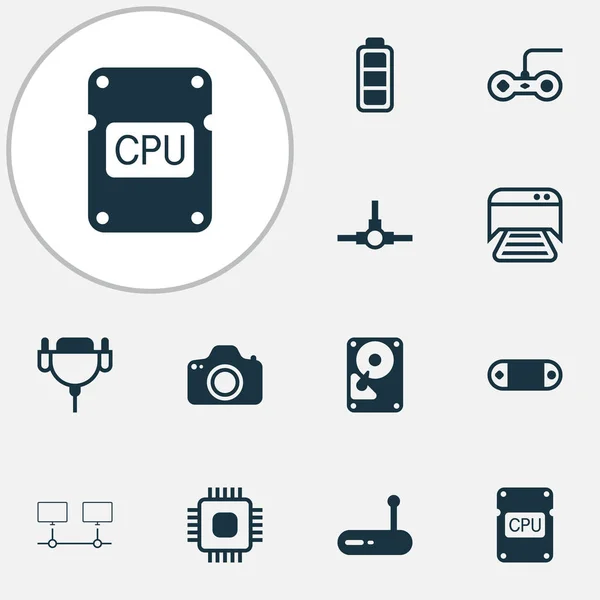 Hardware icons set with hard disk, computer connection, cpu and other cpu elements. Isolated  illustration hardware icons.