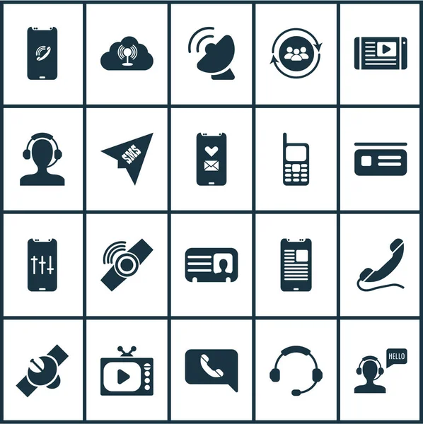 Telecommunication icons set with satellite, mobile notification, male card and other headset elements. Isolated  illustration telecommunication icons.