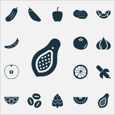 Sebze Icons set ile bitki, salatalık, limon ve diğer salatalık öğeleri ile. İzole vektör çizim sebze simgeler.