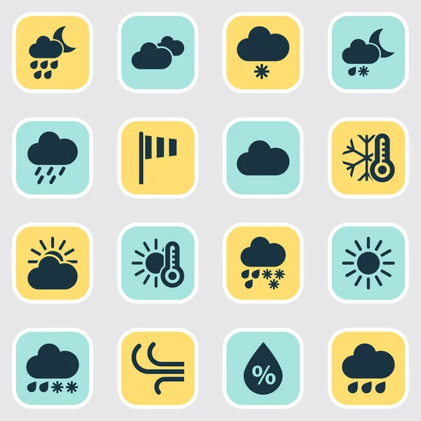 Icone meteo impostate con tempesta, pioggia di neve leggera, nuvole e altri elementi caldi. Isolato vettoriale illustrazione icone meteo . — Vettoriale Stock