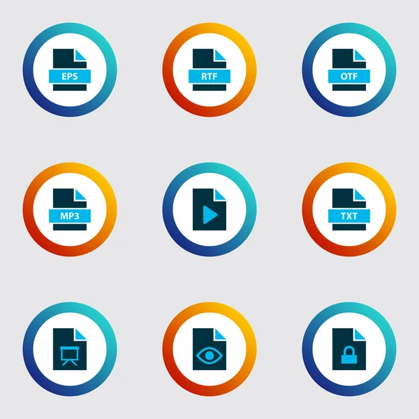 Typen Symbole farbige Set mit Datei eps, Datei video, gesperrte Datei und andere Post-Script-Elemente. Isolierte Vektor-Abbildungen Symbole. — Stockvektor