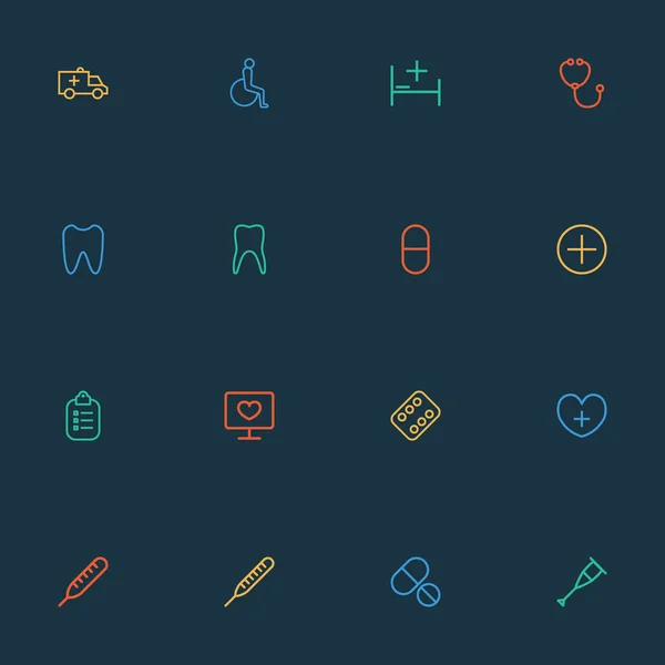 Лекарственные иконы линейный стиль набор с сердцем, знаком, врачом инструмент и другие элементы марки. Изолированные векторные иконки медицины . — стоковый вектор