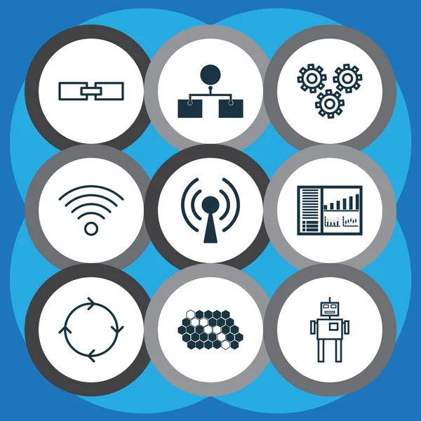 Machine icons set with wireless network, wi-fi, loop algorithm and other related information elements. Isolated vector illustration machine icons.