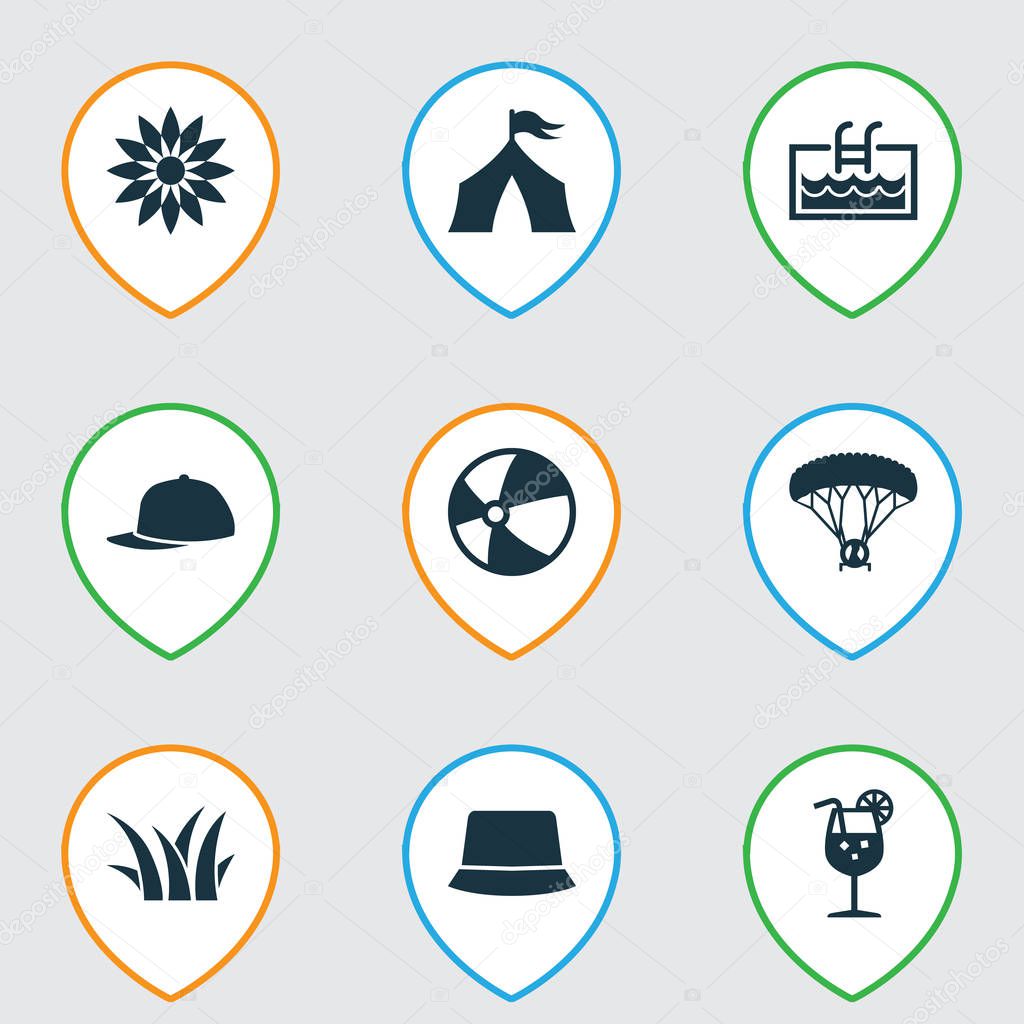 Season icons set with tent, pool, flower and other skydiving elements. Isolated vector illustration season icons.