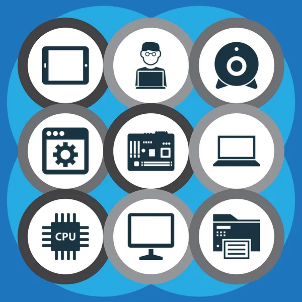 Computer icons set with printing machine, cpu, motherboard and other tab elements. Isolated  illustration computer icons.