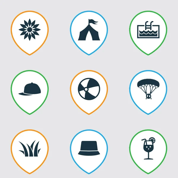 Season icons set with tent, pool, flower and other skydiving elements. Isolated  illustration season icons.