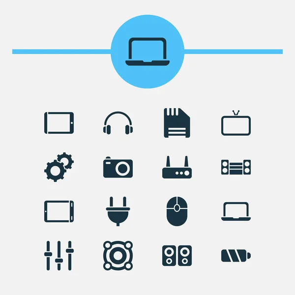 Elektroniksymbole mit Diskette, Laptop, Fernseher und anderen Notebook-Elementen. isolierte Illustration Elektronik-Ikonen. — Stockfoto