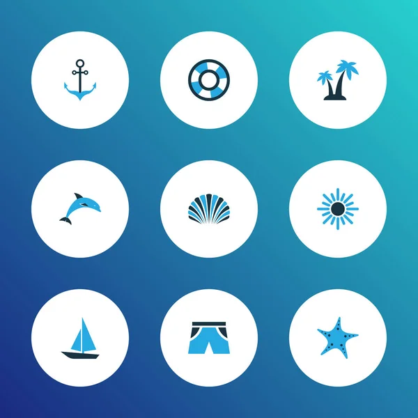 Icone estive colorate con mammiferi, salvavita, conchiglie e altri elementi di stelle marine. Isolato illustrazione icone estive . — Foto Stock