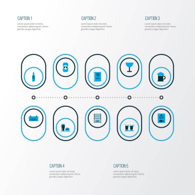 Taverna, balık menüsü, cam ve diğer stand bira öğeleri kümesiyle renkli simgeler iç. İzole vektör çizim içki simgeler.