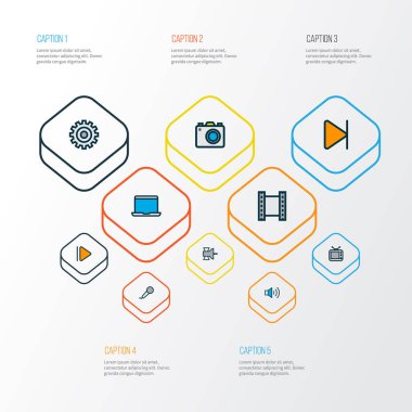 Medya simgeleri renkli çizgi ile biten, video, tv ve diğer televizyon öğelerini ayarlayın. İzole vektör çizim medya simgeler.