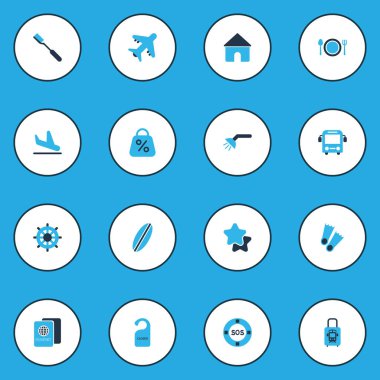 Gezi simgeler renkli diş fırçası, sörf tahtası, işareti kapalı ve diğer sörf öğeleri kümesidir. İzole illüstrasyon gezi simgeler.