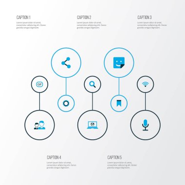 Medya Icons Set ile görüntülü sohbet, renkli yayımlama, arkadaşları ve diğer paylaşımı öğeleri. İzole illüstrasyon medya simgeler.