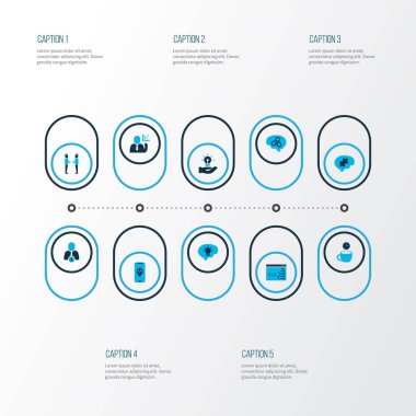 Renkli Icons set kahve molası, takım analytics, yeni fikir ve kodlama diğer öğelerle birlikte çalışır. İzole illüstrasyon iş simgeleri.