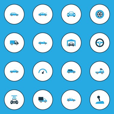 Otomatik simgeler kümesi kamyon, Cabrio modeli, crossover ve diğer kamyon öğeleri ile renkli. İzole illüstrasyon otomatik simgeler.